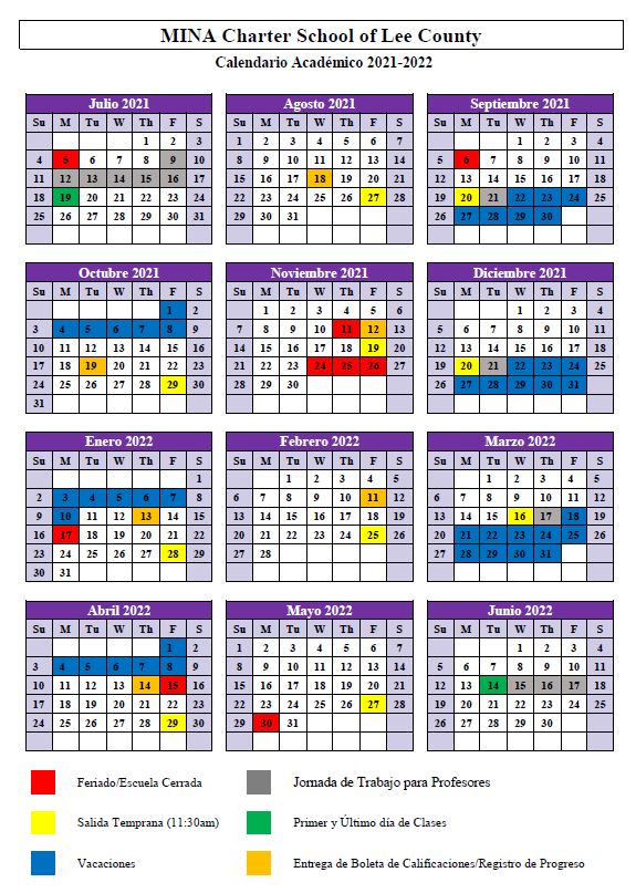 2021-22 Academic Calendars - MINA Charter School of Lee County